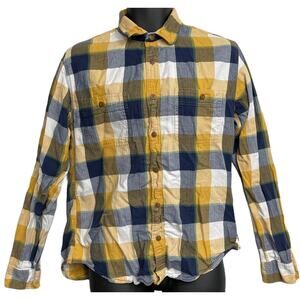 J Crew Flannel Shirt Mens Size L Yellow Gray White Plaid Button Up Thick Cotton